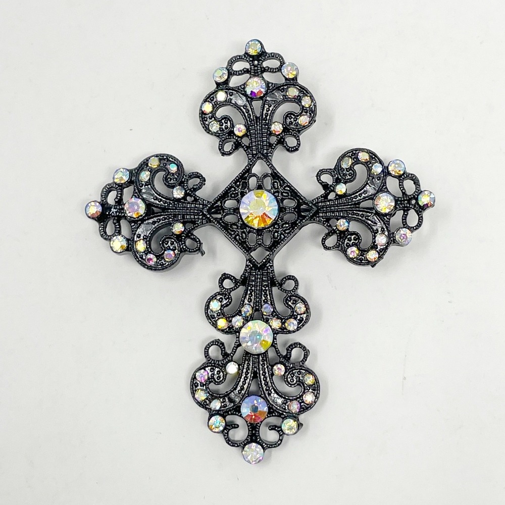 Gunmetal Cross Brooch AB Rhinestone Filigree Gothic Dark Fairy Vampire Core 2.5"